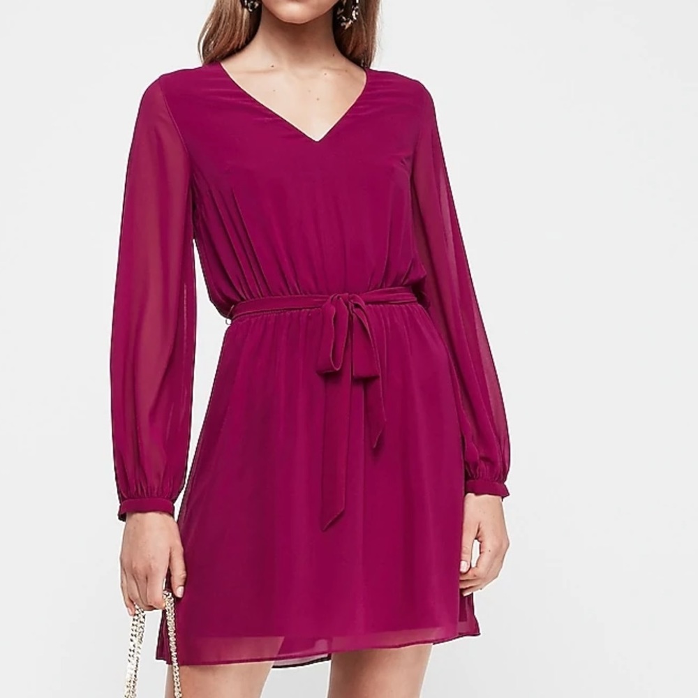 CHIFFON SLEEVE SASH TIE FIT AND FLARE DRESS IN PLUM L